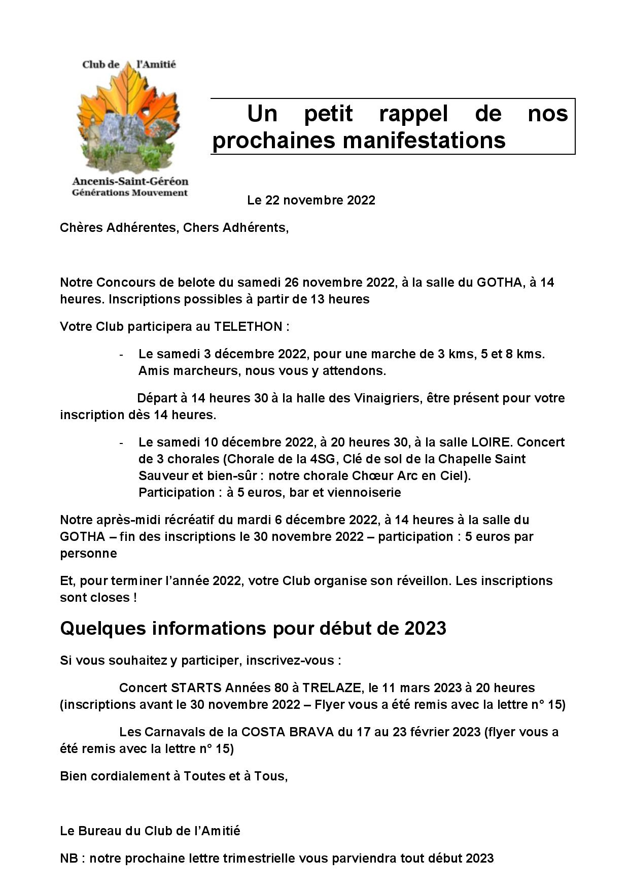 News letter 22 novembre 2022