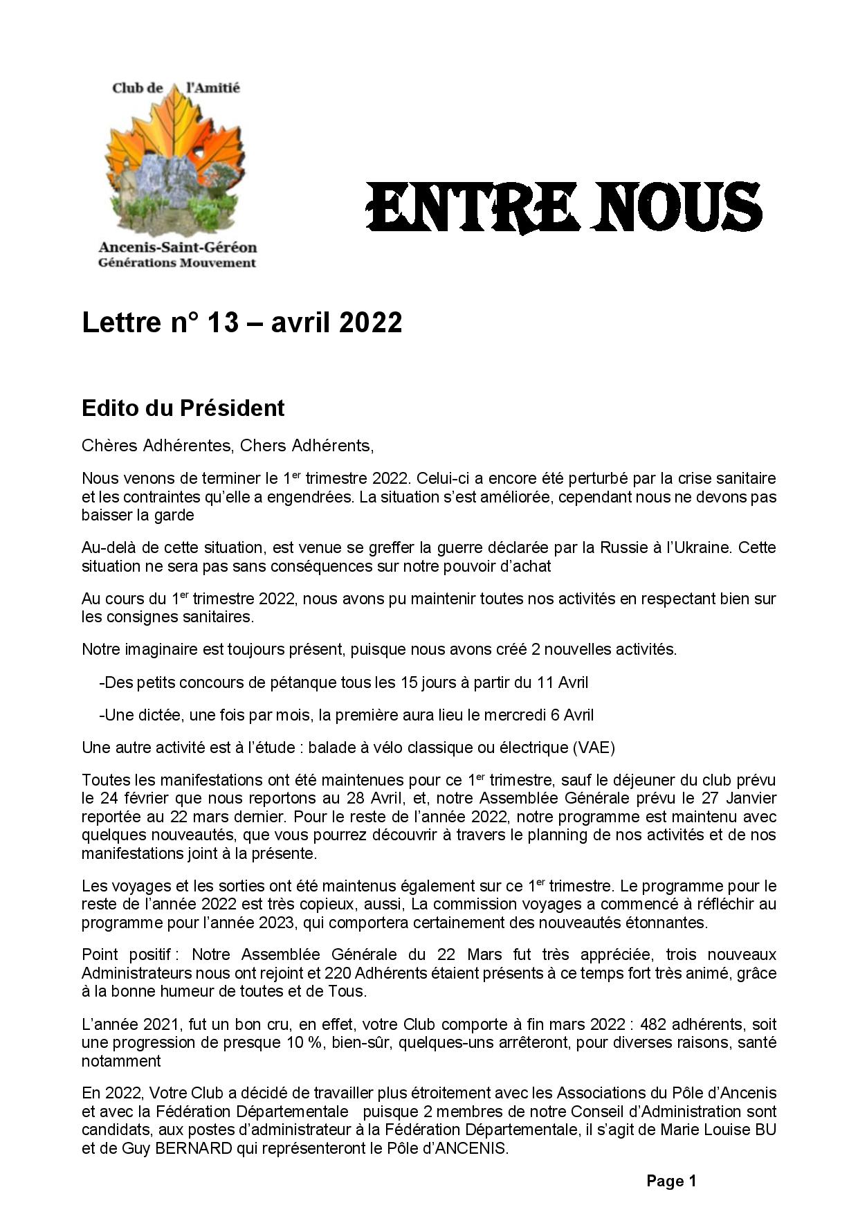 lettre n°13 avril 2022 page 01