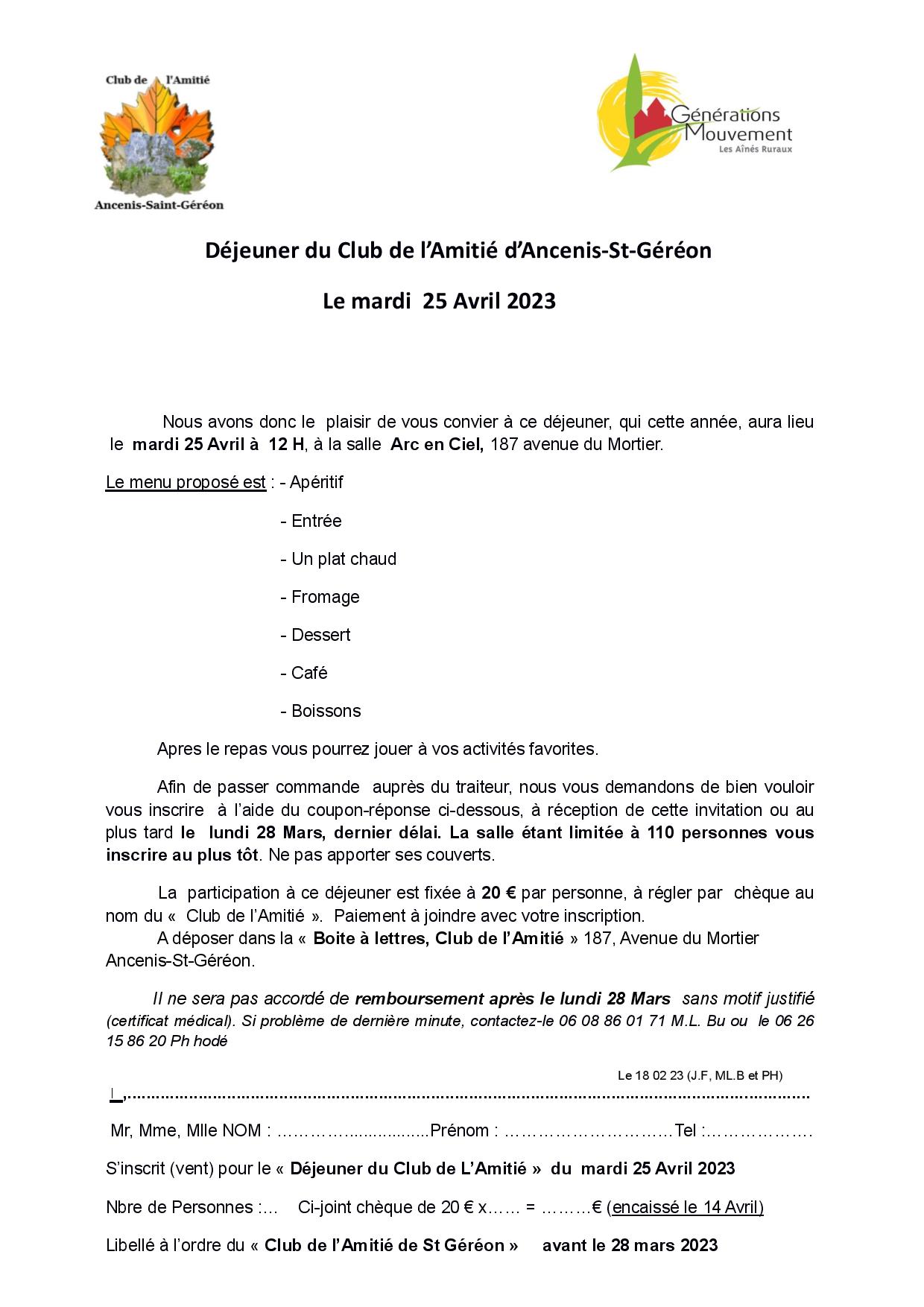 Dejeuner  du Club  25 avril 2023