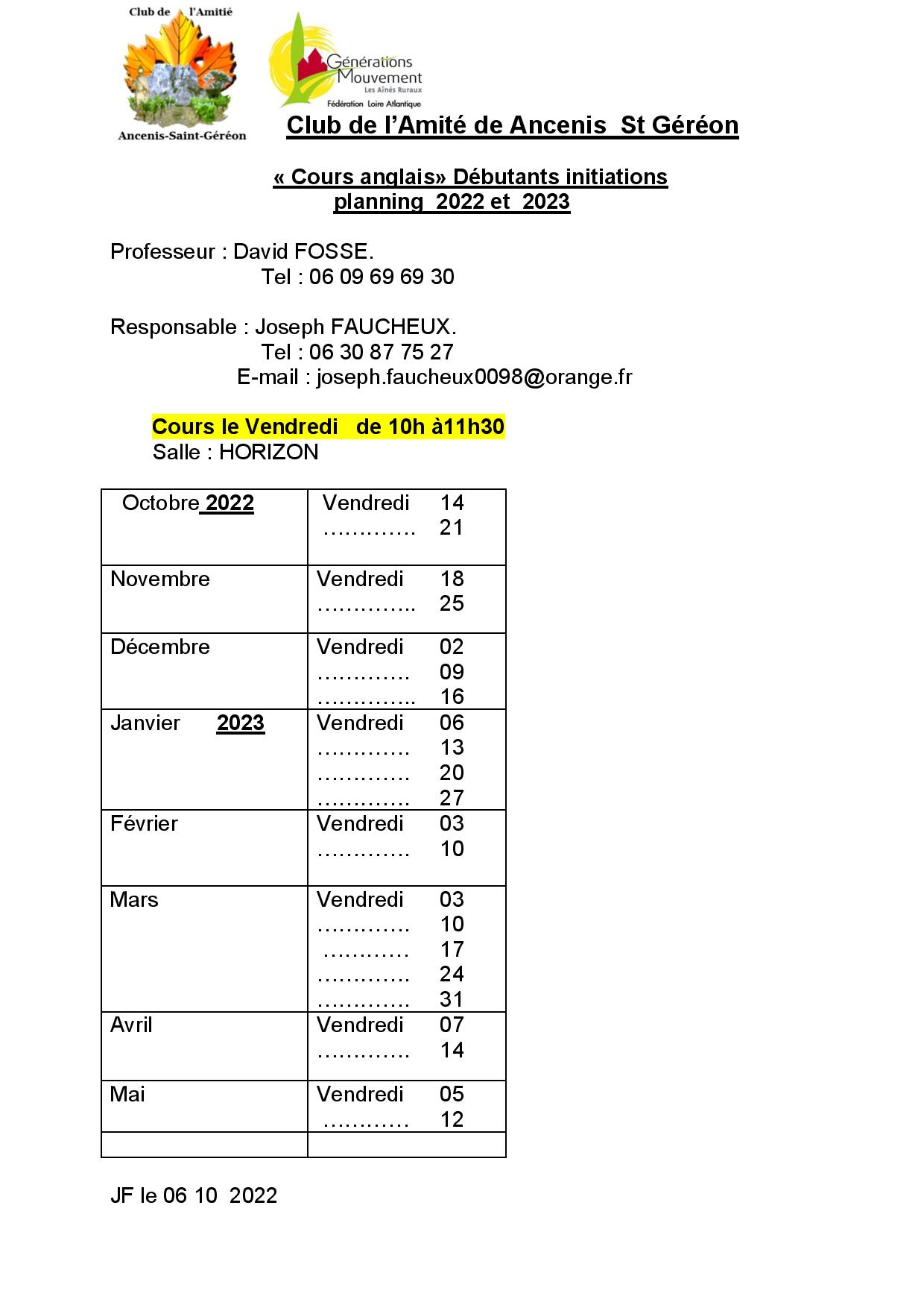 Planning cours anglais - 2022-2023- Deb-Init