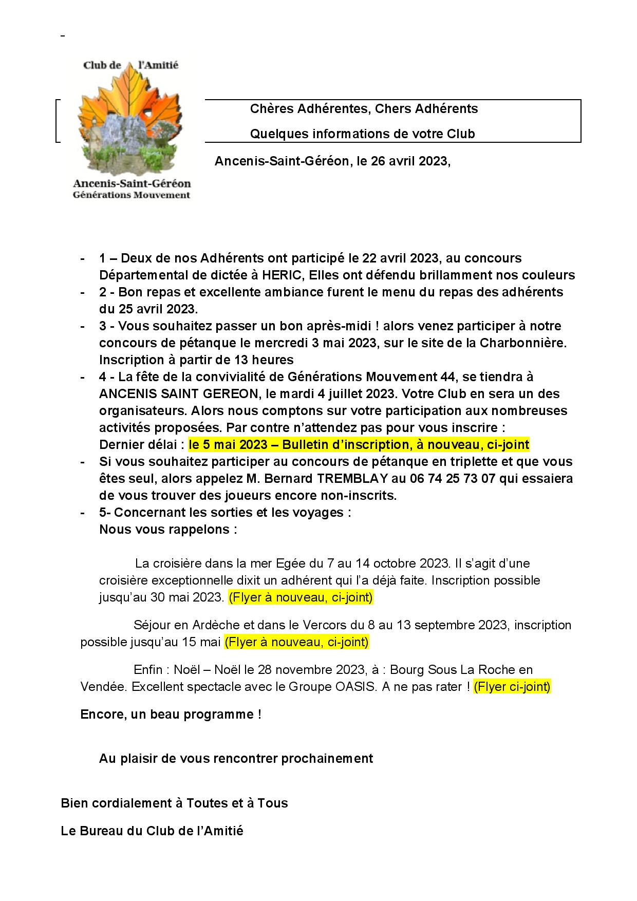 News letter du 26 avril 2023