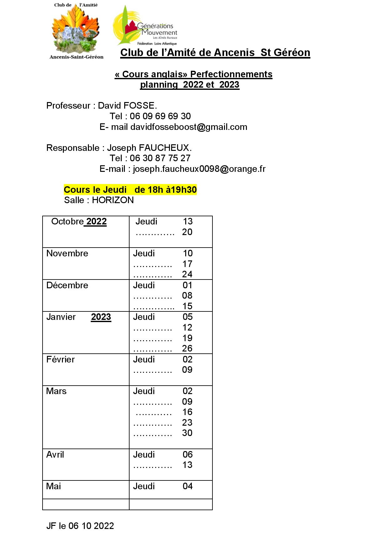 Planning cours anglais - 2022-2023- Perfect